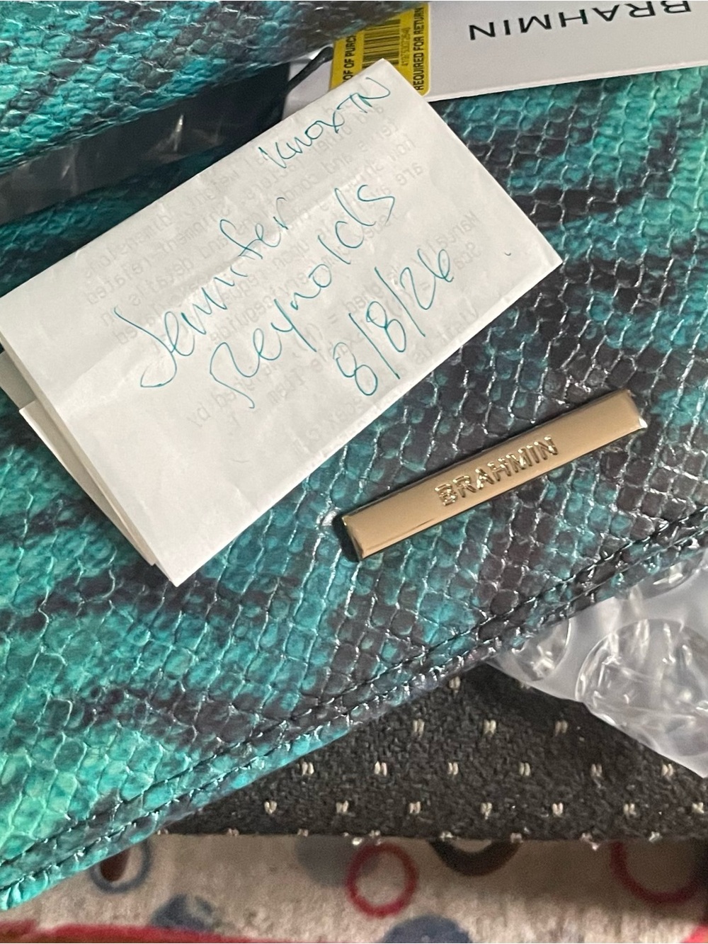 Brahmin Teal Snake-Print Accent Piece with Gold Hardware Ady wallet nwt